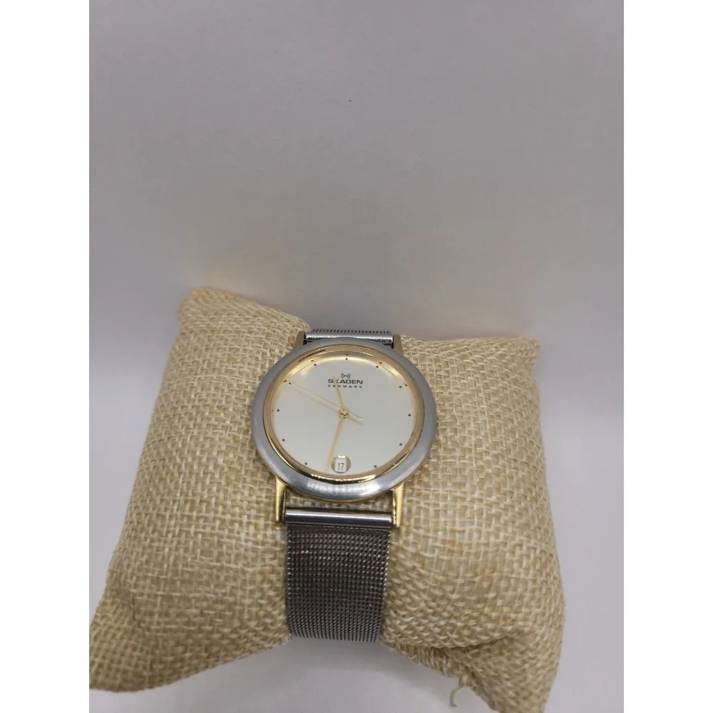 Skagen Denmark 16LGS Two Tone Quartz Watch Date Mesh Band 33.5mm
